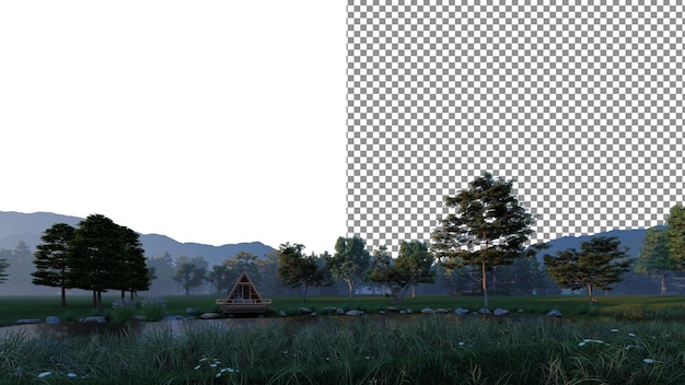 Vista del lago entre montañas y bosques PNG telón de fondo transparente renderización 3D