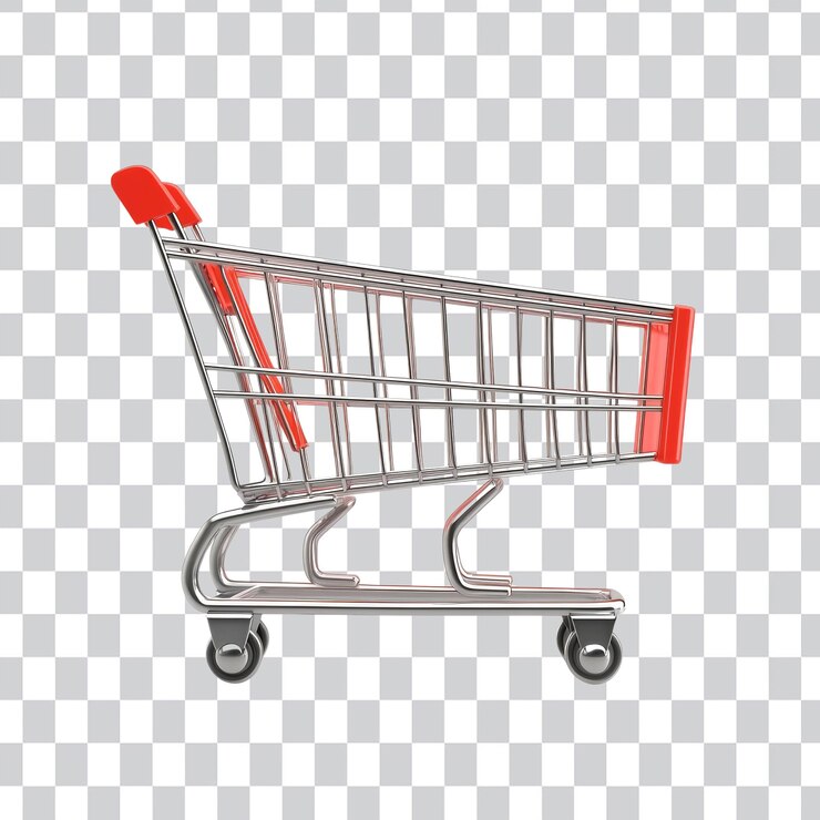 PSD vista lateral de un carrito de compras con mango rojo que simboliza las compras minoristas y el consumismo