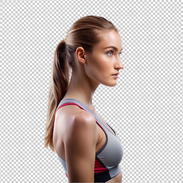 PSD vista lateral de uma atleta mulheres em fundo transparente