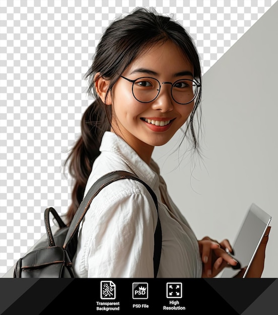 Vista lateral de un estudiante asiático que lleva una mochila y sostiene un libro