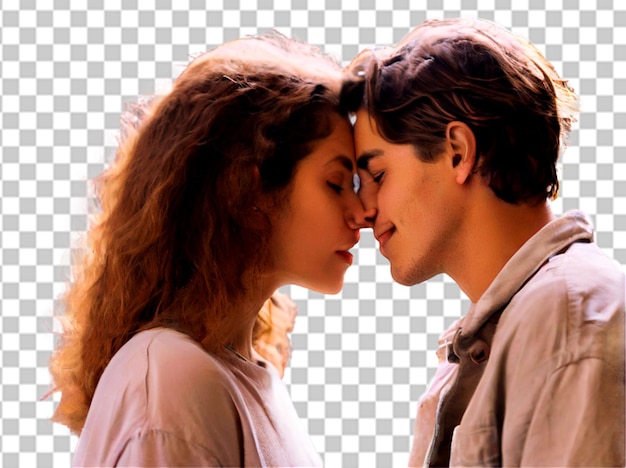 PSD vista lateral de la foto de una pareja joven besándose contra un fondo blanco