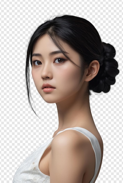 PSD vista lateral de una hermosa mujer japonesa vestida con un vestido blanco aislada en un fondo transparente
