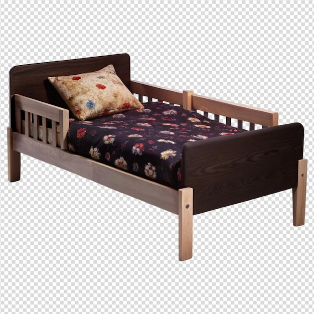 vista lateral de una ilustración de una cama para niños en un fondo transparente