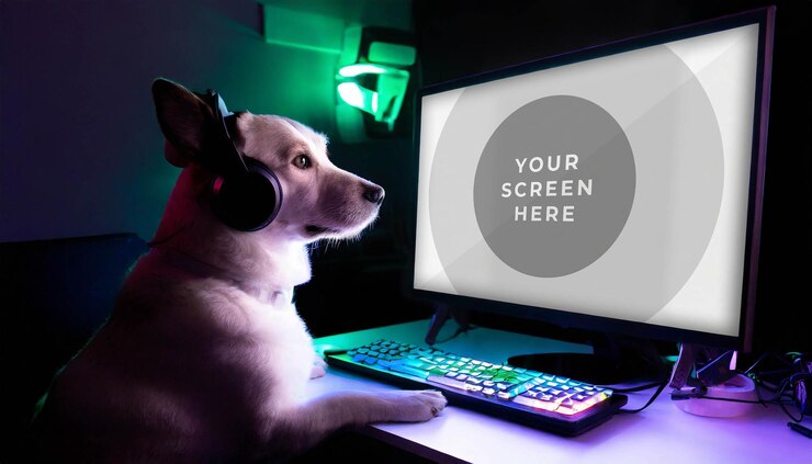 Vista lateral de una maqueta de un perro usando una computadora de juegos