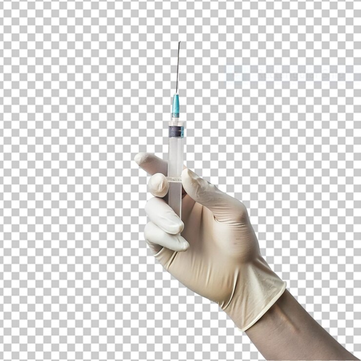 PSD vista lateral del médico con guantes quirúrgicos sosteniendo la jeringa
