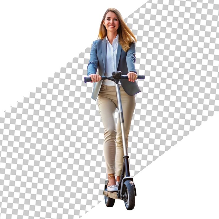 PSD vista lateral de una mujer disfrutando de andar en scooter eléctrico