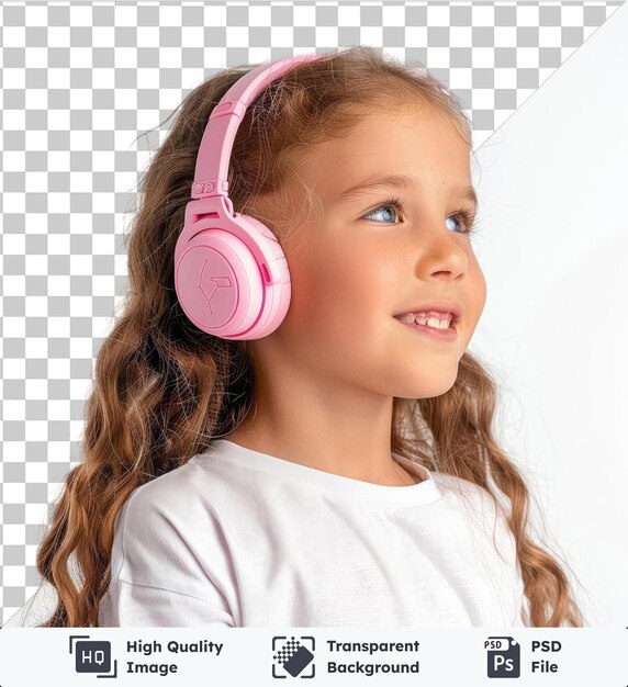 PSD vista lateral de una niña feliz en camiseta de verano y auriculares rosados sonriendo mientras escucha