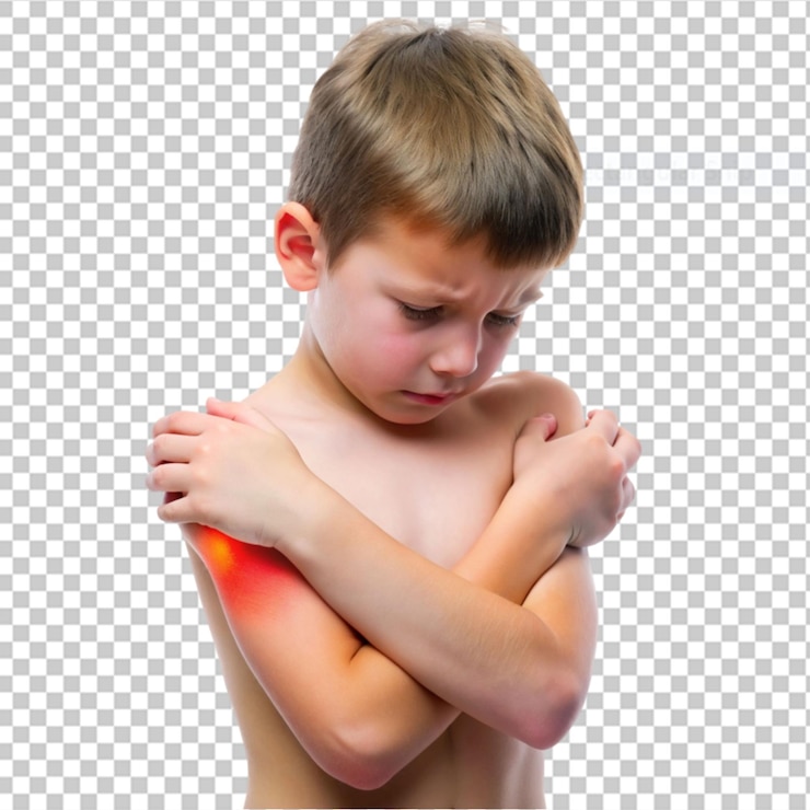 PSD vista lateral de un niño tocando su brazo sobre un fondo transparente