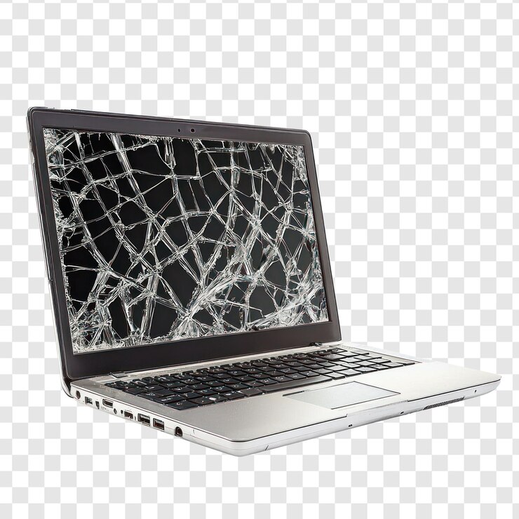 PSD vista lateral del portátil roto aislado en fondo transparente