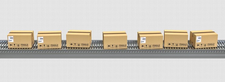 PSD vista laterale dei nastri trasportatori orizzontali con lotti isolati su sfondo bianco 3d