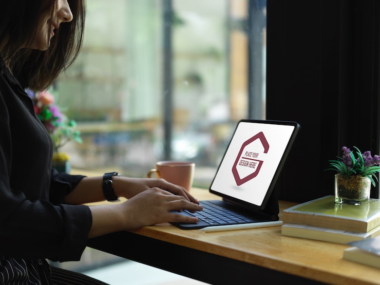 PSD vista laterale del libero professionista femminile che lavora con il mockup della tavoletta digitale