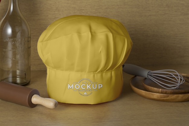 Vista de maqueta de sombrero de cocina con fondo de madera