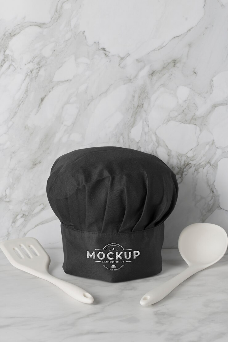 PSD vista de la maqueta de sombrero de cocina con fondo de mármol
