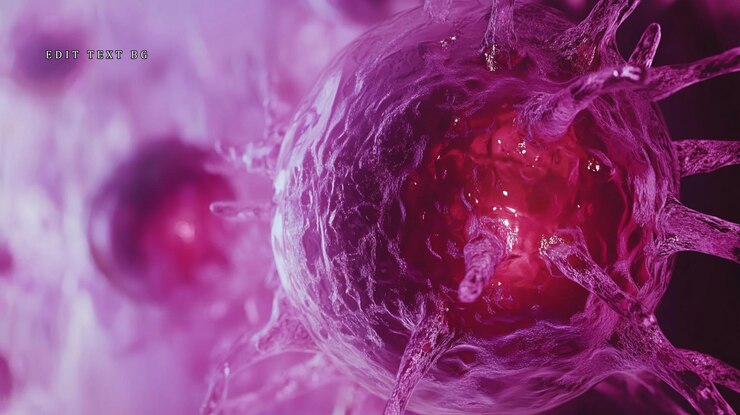 PSD vista microscópica de uma célula rosa vibrante com detalhes intrincados cercada por outras células em um fundo desfocado
