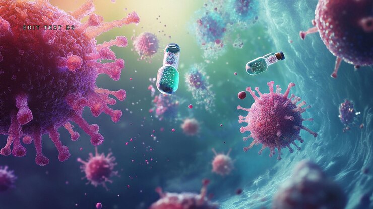PSD vista microscópica de los virus y los viales de vacunación