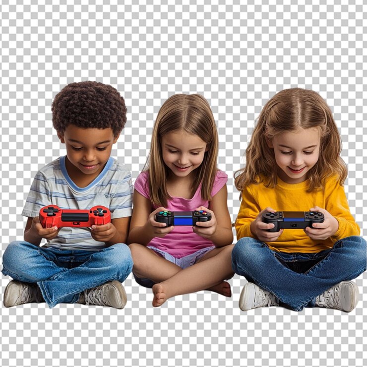 PSD vista de niños jugando videojuegos juntos en un fondo transparente