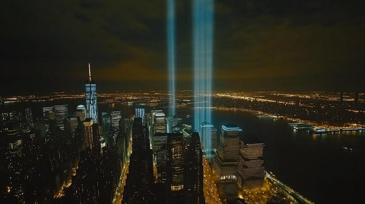 PSD vista nocturna del horizonte de la ciudad de nueva york con haces de luz conmemorativos