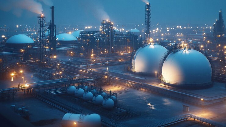 PSD vista nocturna de una planta petroquímica iluminada con tanques de almacenamiento y estructuras de refinería