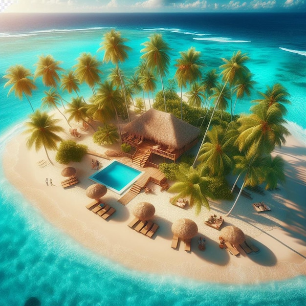 PSD vista del paisaje hiperealista puesta de sol tropical playa isla de palma playa del caribe estilo de vacaciones