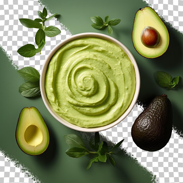 PSD vista de pájaro de salsa de aguacate y aguacate en un tazón de fondo transparente