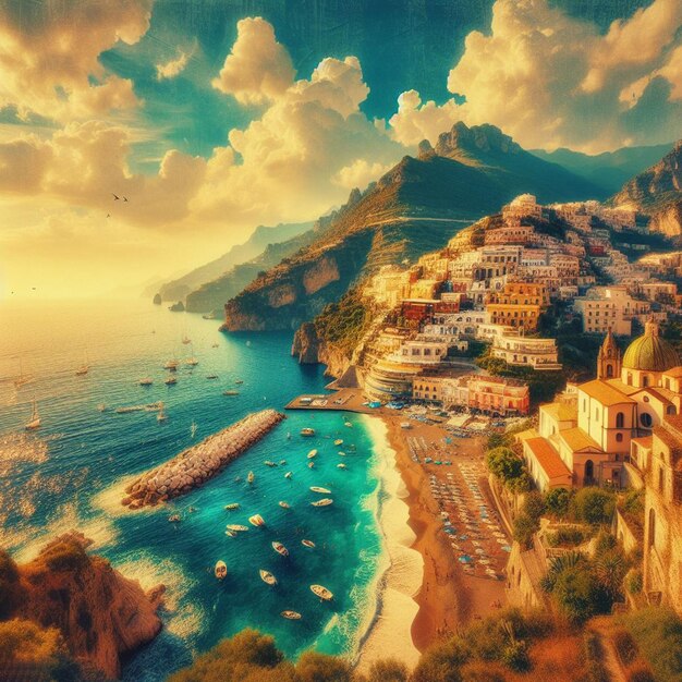 PSD vista panorâmica de paisagem hiperrealista costa italiana de amalfi sunsext praia aldeia hora de ouro