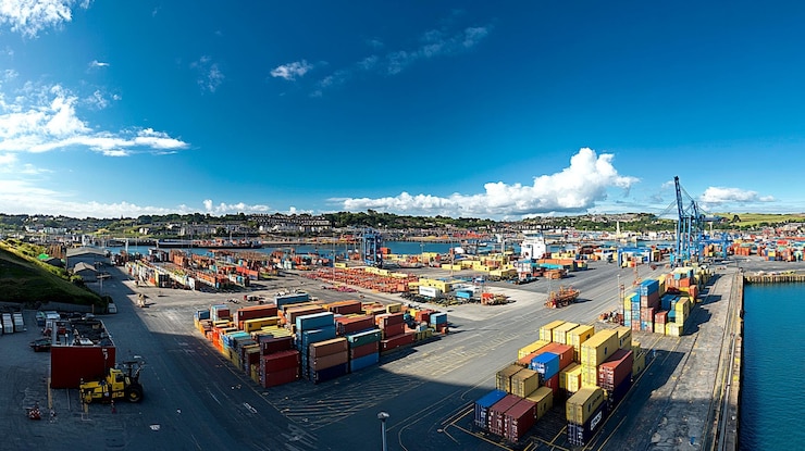 PSD vista panorâmica de um porto de contêineres movimentado com contêiners de transporte coloridos, guindastes e navios sob um céu azul brilhante