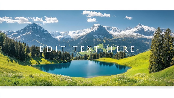 PSD vista panorâmica de um sereno lago alpino aninhado em um vale verde com montanhas cobertas de neve ao fundo