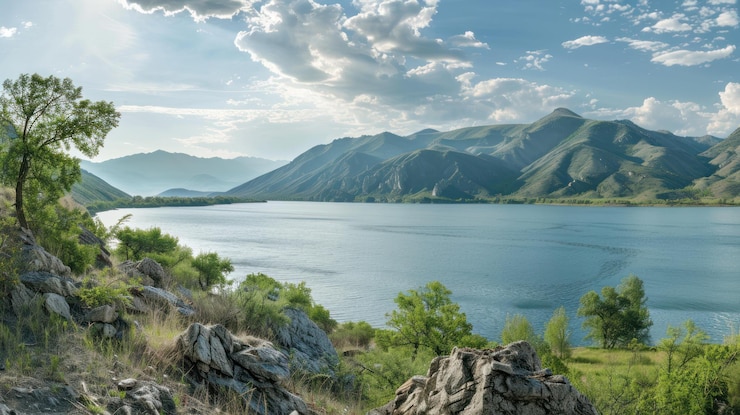 PSD vista panoramica del sereno lago annidato in maestose montagne sotto un cielo parzialmente nuvoloso
