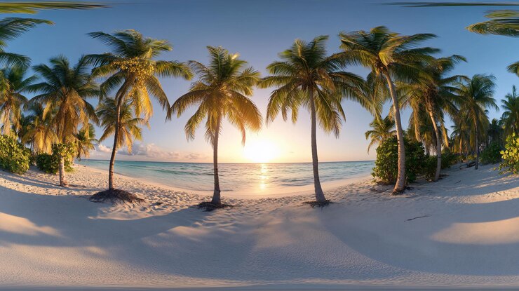 PSD vista panoramica di una spiaggia tropicale al tramonto con le palme