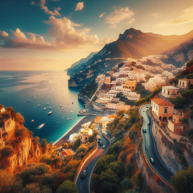 Vista panorámica del paisaje hiperrealista costa italiana de amalfi playa sunsext pueblo hora de oro