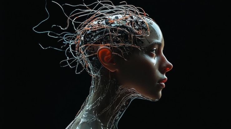 PSD una vista de perfil de una mujer surrealista futurista con una cabeza adornada con intrincados hilos brillantes metálicos y de aspecto orgánico una compleja red de cables y venas
