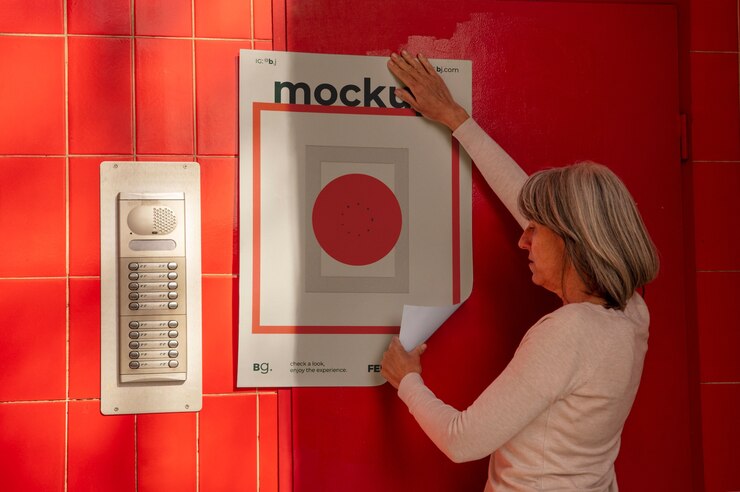 PSD vista de la persona pegando una maqueta de cartel exterior en la pared