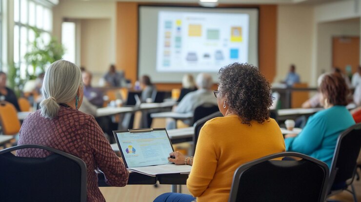 PSD vista posteriore di persone che partecipano a un seminario che guardano la presentazione sullo schermo
