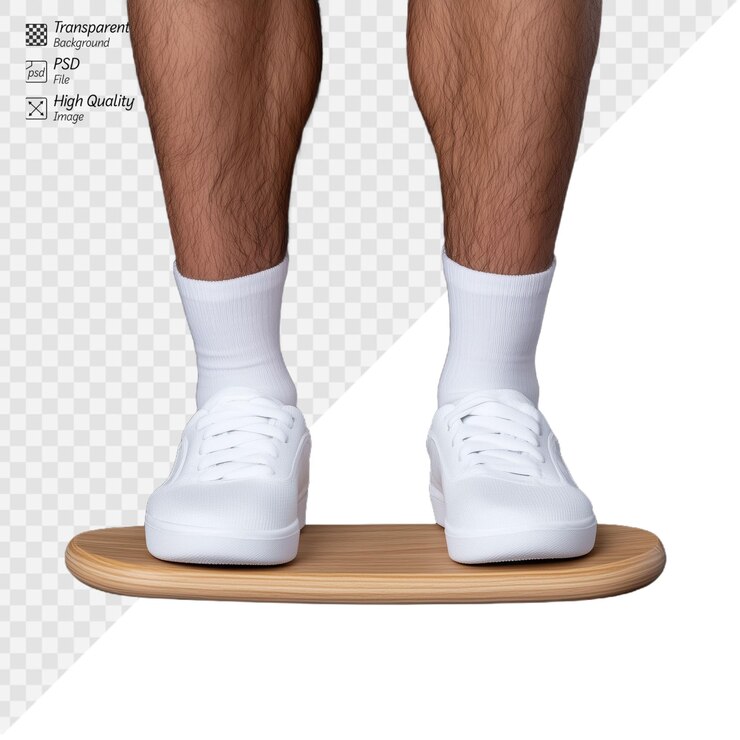 PSD vista en primer plano de pies con zapatillas blancas de pie en una tabla de equilibrio de madera que hace hincapié en el equilibrio y la aptitud sobre un fondo transparente