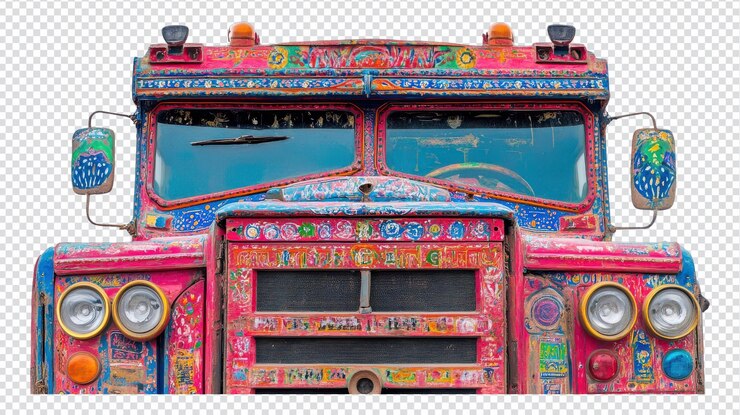 PSD una vista en primer plano de un vibrante panel delantero de un camión indio que muestra diseños y colores intrincados perfectos para el transporte, el arte y los temas culturales