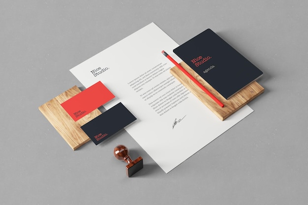 Vista prospettica di mockup di marchi e cancelleria