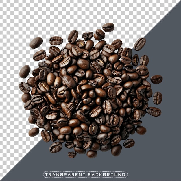 Vista ravvicinata ad alto angolo di un mucchio di chicchi di caffè arrostiti su uno sfondo trasparente