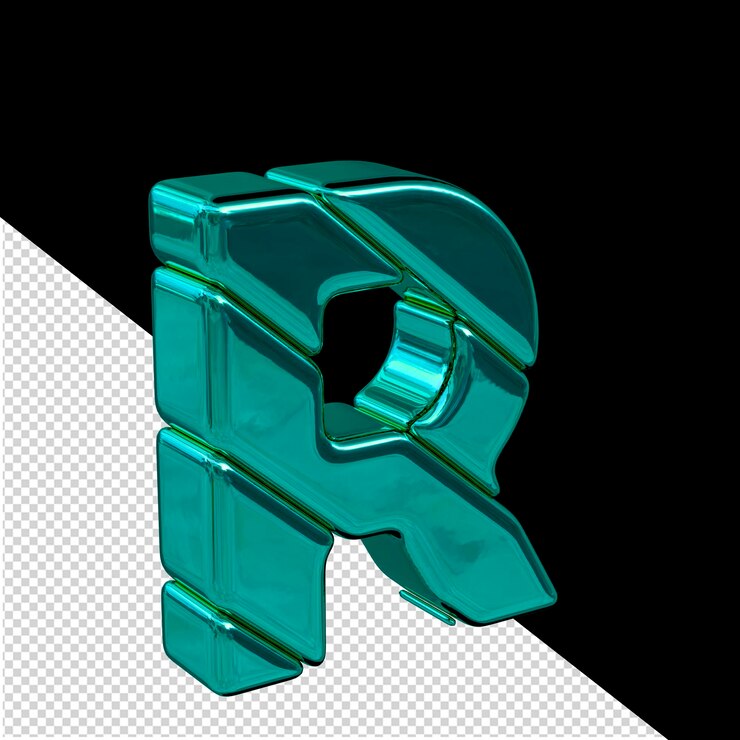 PSD vista de símbolo 3d de bloque diagonal turquesa desde la letra izquierda r