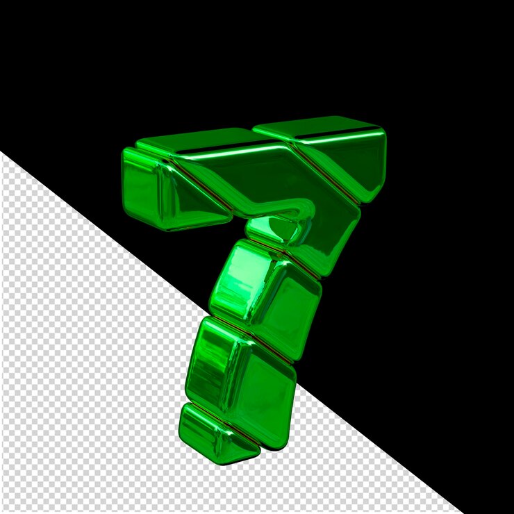 PSD vista de símbolo 3d de bloque diagonal verde desde la izquierda número 7