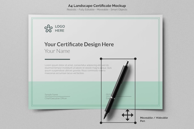 vista superior a4 paisaje certificado de logro papel con firma bolígrafo maqueta realista