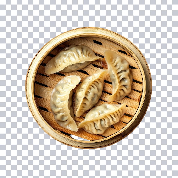 PSD vista superior de las albóndigas chinas en el vapor de bambú para artes culinarias y blogs de comida en un fondo transparente