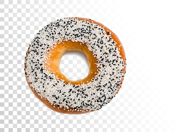 Vista superior de un bagel con semillas de sésamo blancas y negras en un fondo transparente