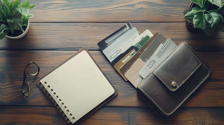 PSD vista superior de una billetera de cuero marrón con múltiples tarjetas de crédito un cuaderno en espiral y gafas en una mesa de madera con pequeñas plantas en maceta