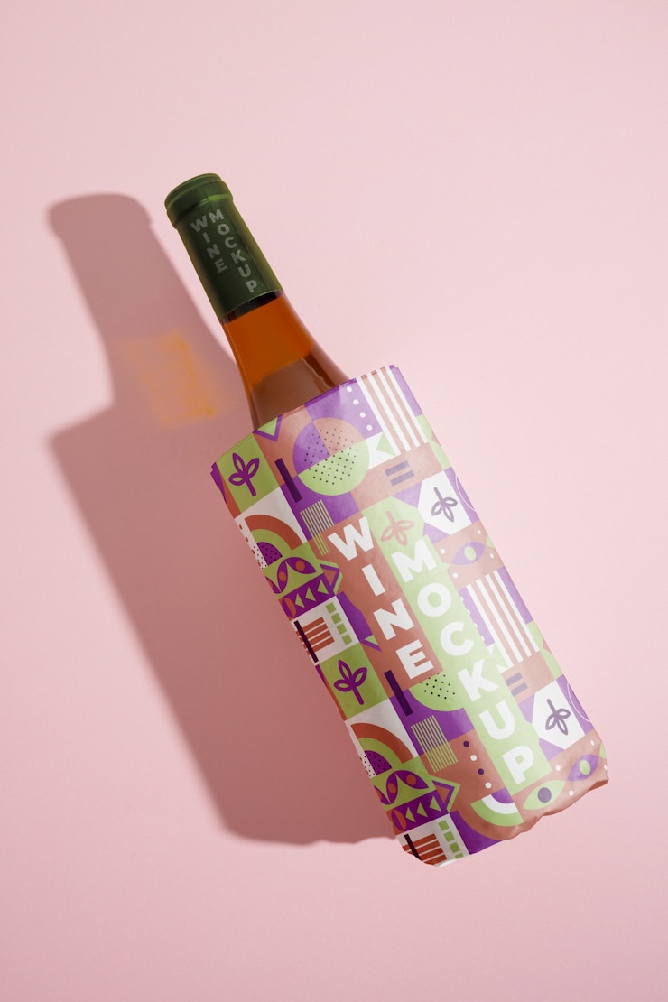 PSD vista superior botella de vino envuelta en papel de colores