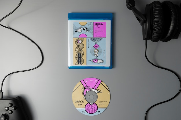 PSD vista superior de la caja del juego y los auriculares.