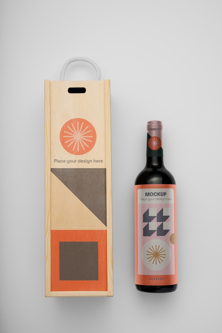 PSD vista superior caja de madera para vino y botella.