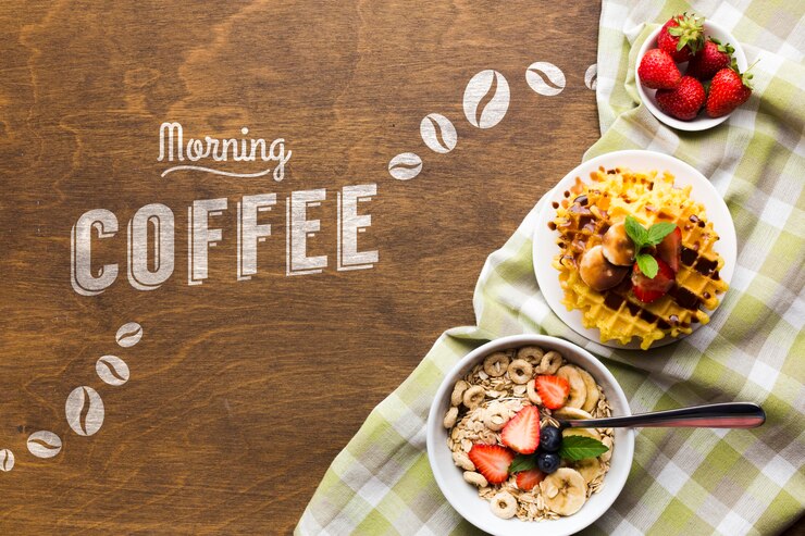 PSD vista superior de la comida del desayuno con cereales y frutas.