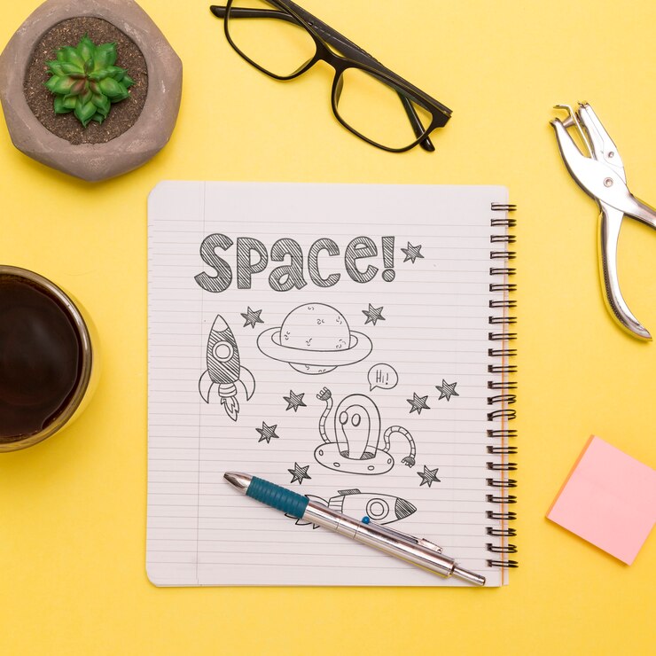 PSD vista superior del cuaderno con dibujos y suculentas