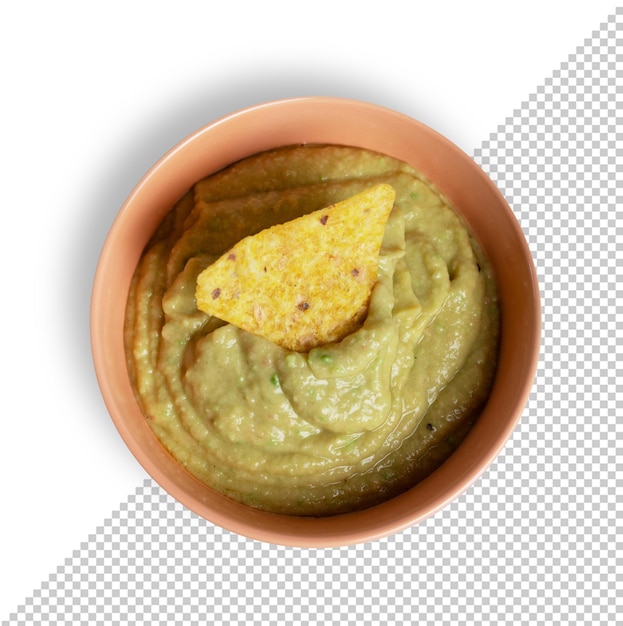 Vista superior de un cuenco con guacamole y una maqueta de PSD de tortilla