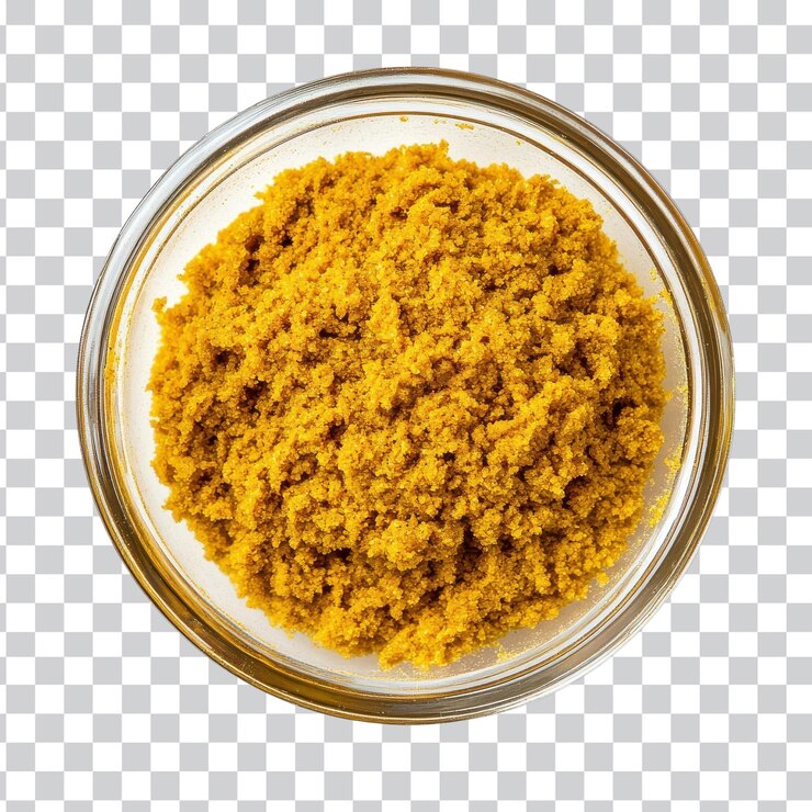 PSD vista superior de un cuenco de vidrio transparente lleno de pasta de curry para usos culinarios en un fondo transparente